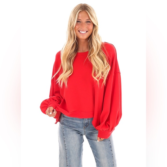 Free People Trish Red Balloon Arm Oversized Sweatshirt - Picture 9 of 9